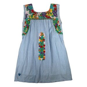 J Marie Blue Gingham Floral Embroidered Sleeveless Dress XS spring shift mini